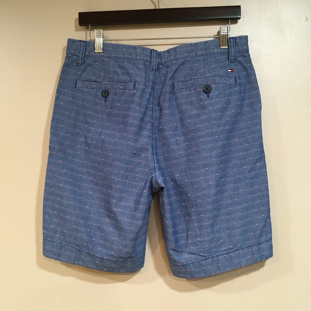 Tommy Hilfiger Logo Print Chino Shorts Mens 30 Blue Chambray‎ Nautical Preppy